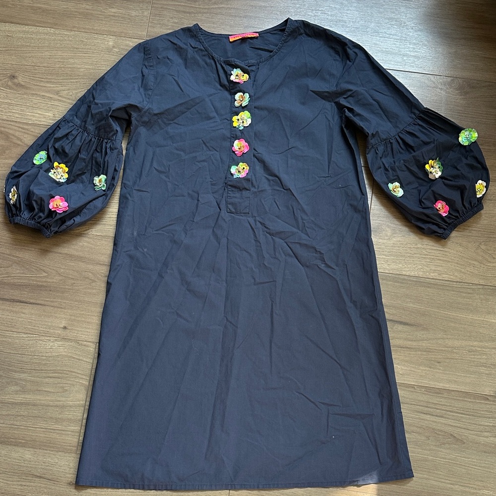 VILAGALLO dress. Navy with sequin embellishments. Puff sleeves. Size S